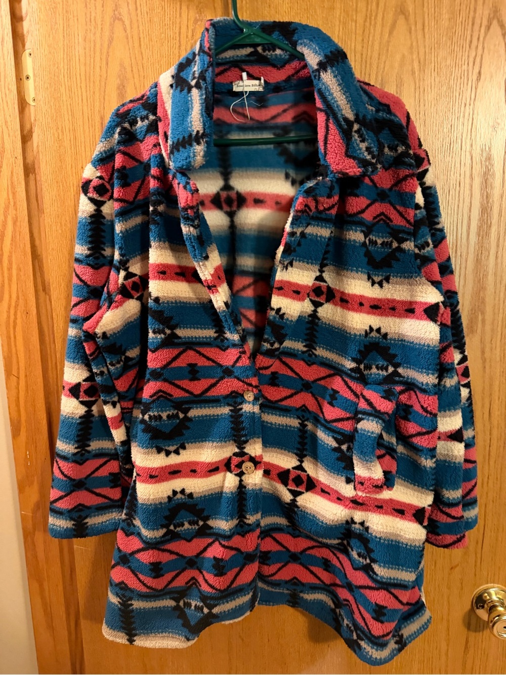 Teddy Fleece Aztec-Print Button Jacket in Blue/Pink/Cream